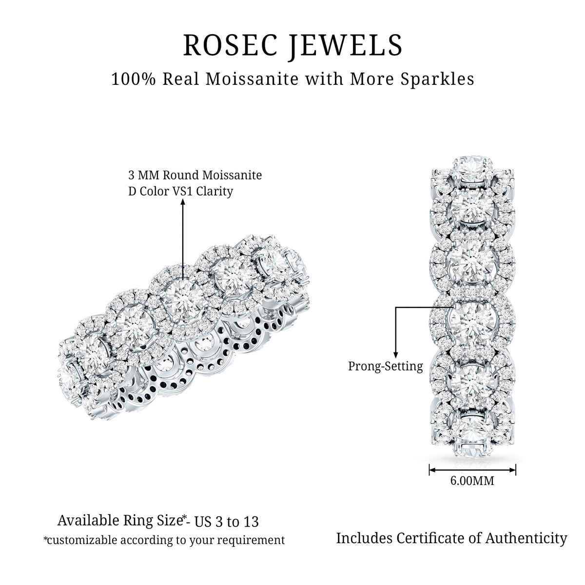 Rosec Jewels certified moissanite statement wedding band for women, showcasing sparkling gemstone and elegant ring design.