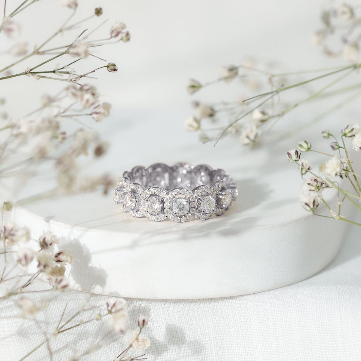 Certified Moissanite statement wedding band for women featuring sparkling stones set in a elegant Rosec Jewels ring design.