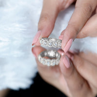Rosec Jewels certified moissanite statement wedding band for women, featuring a sleek ring design with sparkling stones.