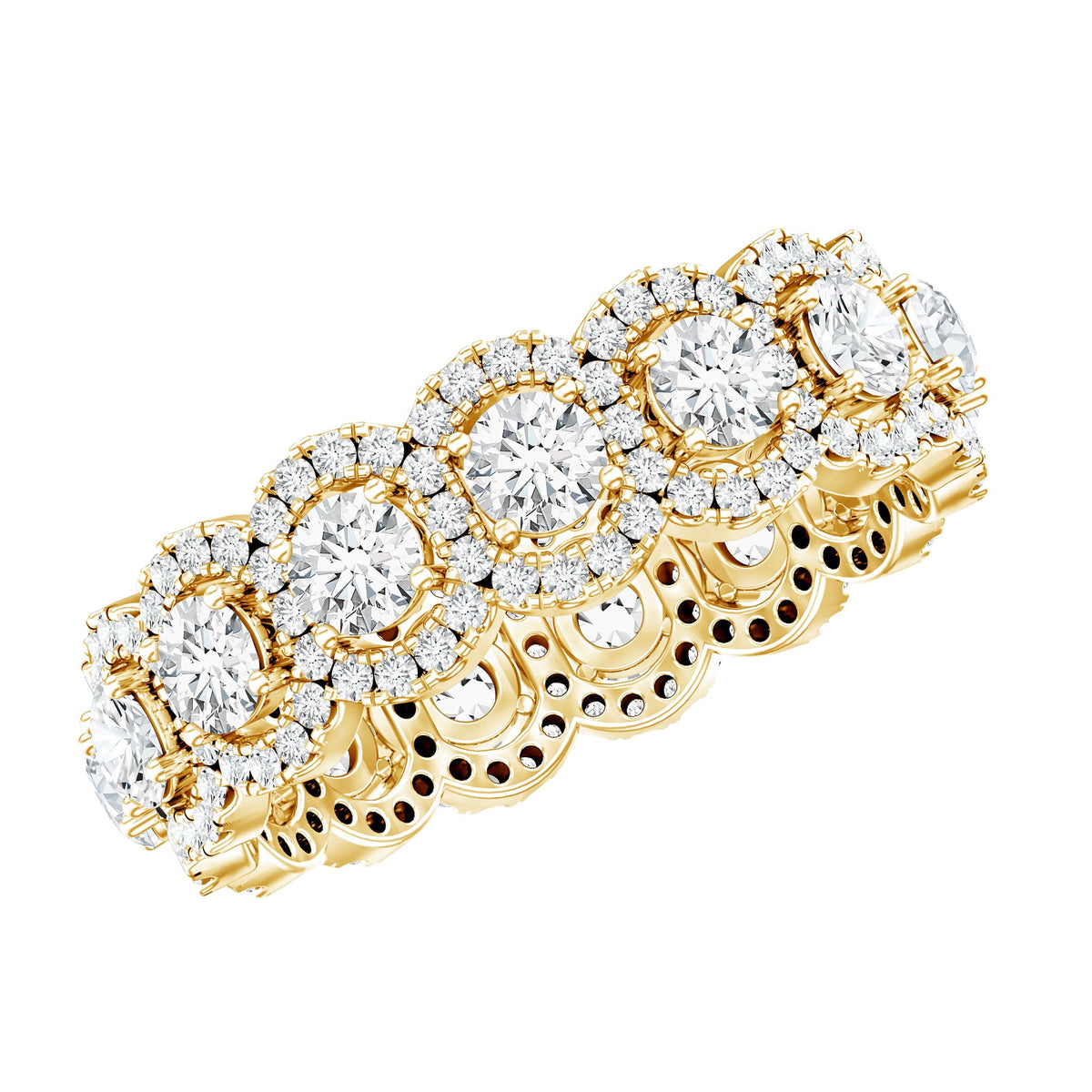 Rosec Jewels certified moissanite statement wedding band for women featuring sparkling stones and elegant design.