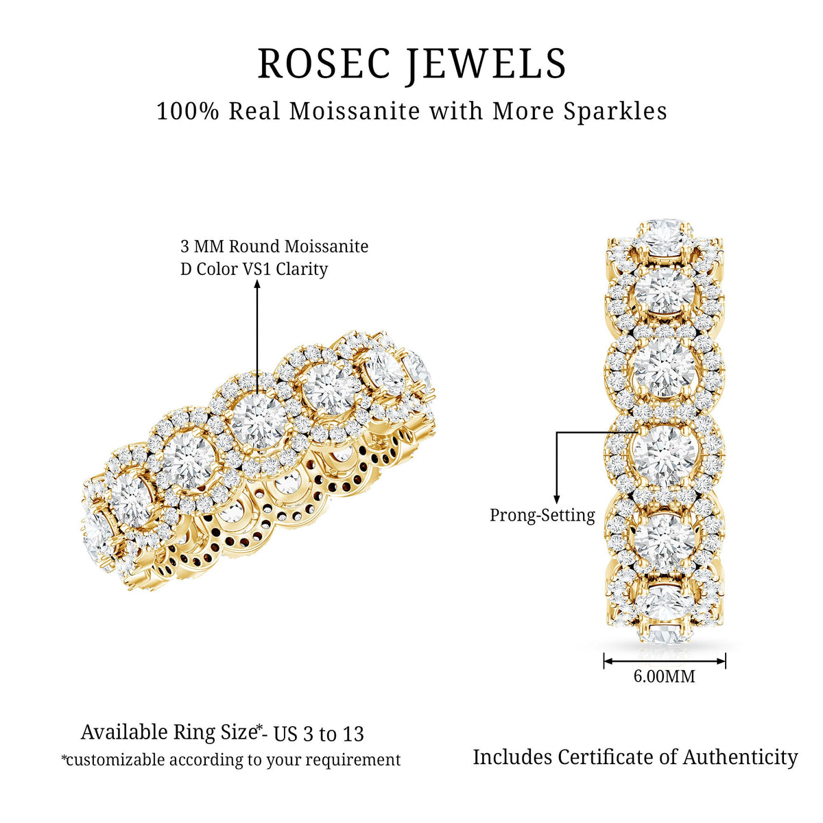 Certified Moissanite statement wedding band for women featuring sparkling moissanite stones in a elegant ring design by Rosec Jewels