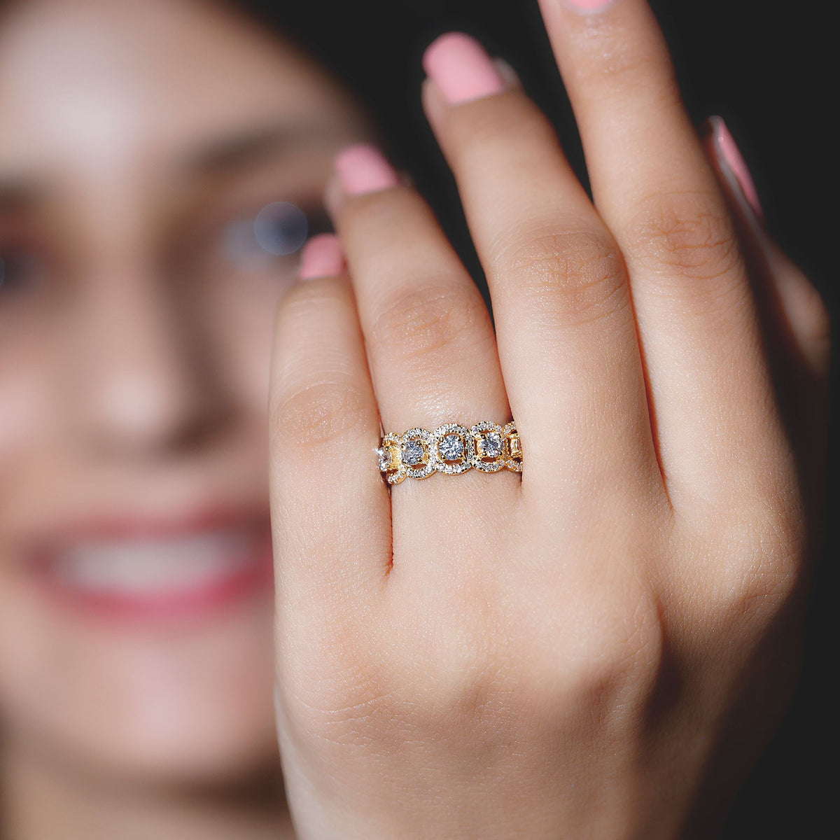 Certified Moissanite statement wedding band for women with sparkling stones, crafted by Rosec Jewels, elegant and modern ring design.