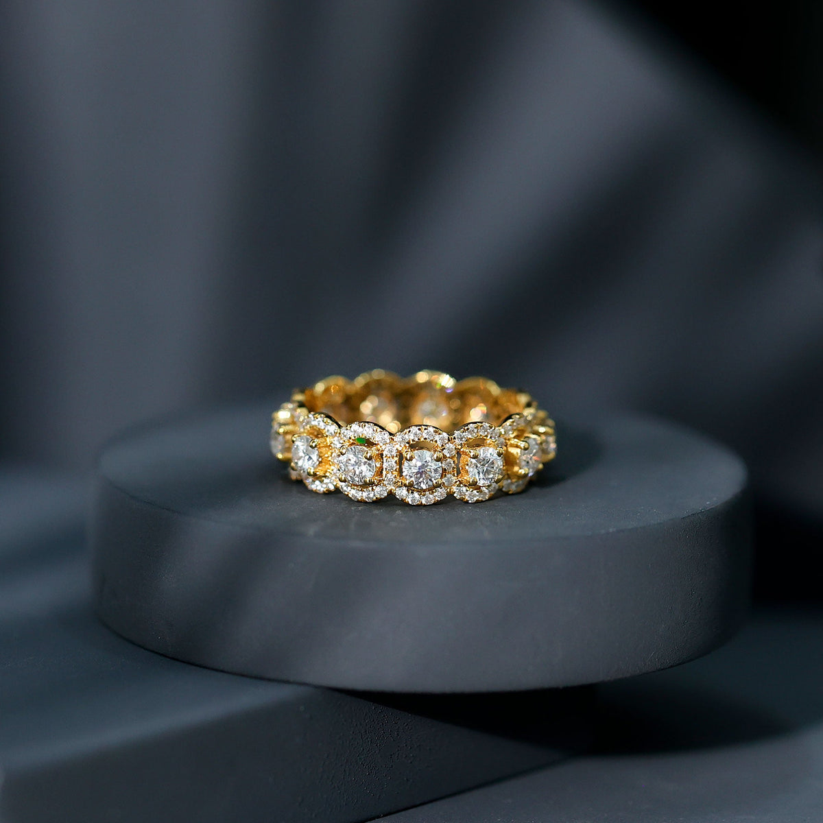 Certified moissanite statement wedding band for women featuring sparkling stones, crafted by Rosec Jewels.