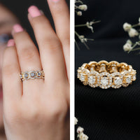 Rosec Jewels certified moissanite statement wedding band for women with sparkling gemstone and elegant gold band design.