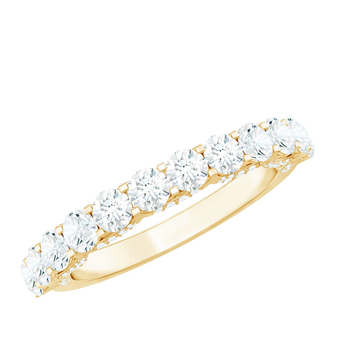 Rosec Jewels Moissanite half eternity ring with a delicate trellis design, featuring sparkling stones set in a sleek band.