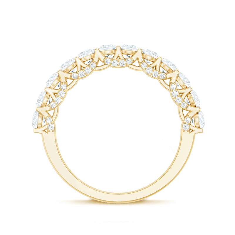 Rosec Jewels Trellis Set Moissanite Half Eternity Ring with sparkling moissanite stones encircling the band.