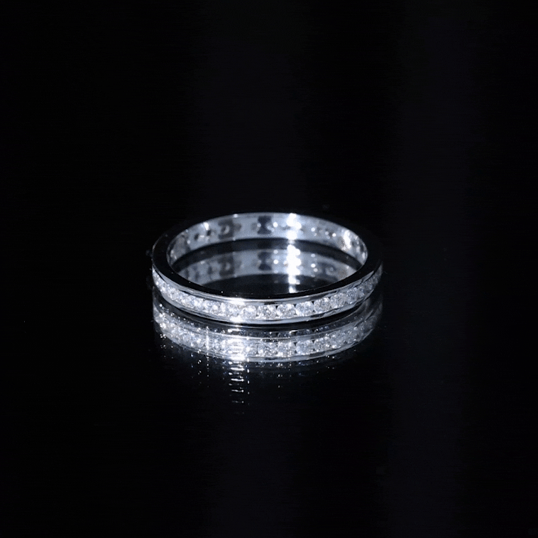 Channel set moissanite eternity band ring for women, featuring sparkling stones in a sleek gold design by Rosec Jewels.