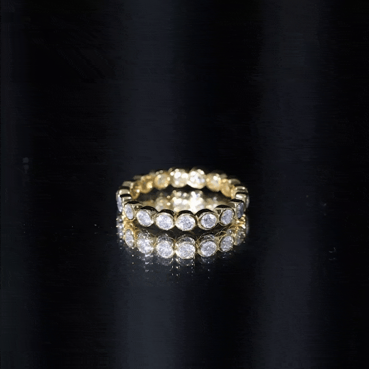 Yellow gold certified bezel set moissanite full eternity band ring for women by Rosec Jewels, showcasing sparkling gemstones.