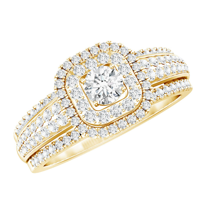 Lab grown diamond retro engagement ring with double halo and rose gold band, featuring intricate vintage-style design.