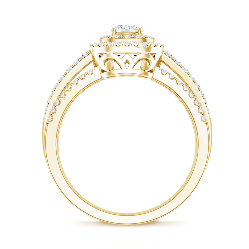 Lab grown diamond retro engagement ring with double halo, featuring intricate vintage-style design and sparkling central diamond.