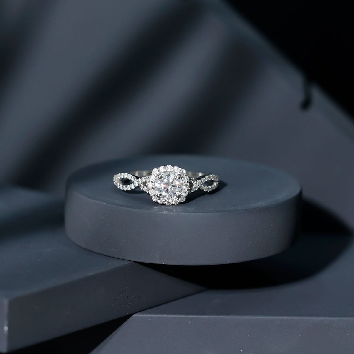 Certified Moissanite Halo Engagement Ring with Criss Cross Shank