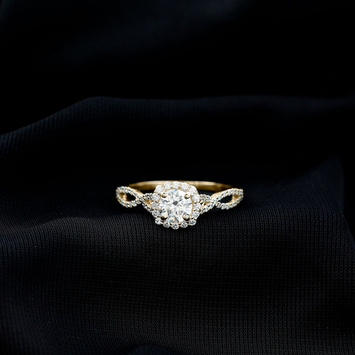 Certified Moissanite Halo Engagement Ring with Criss Cross Shank