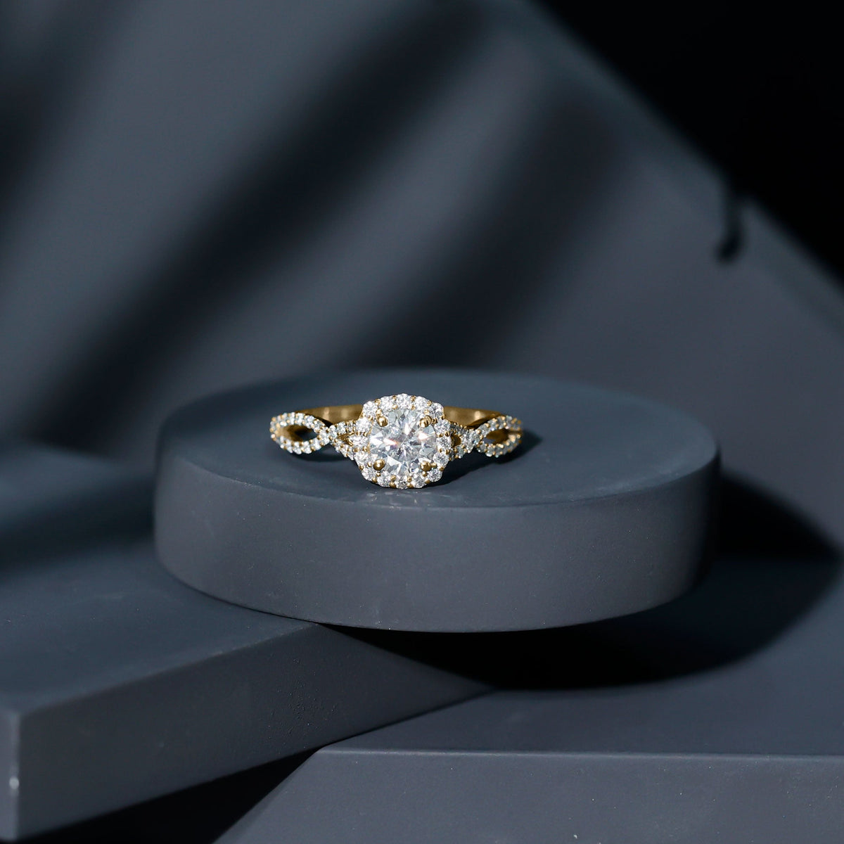 Certified Moissanite Halo Engagement Ring with Criss Cross Shank