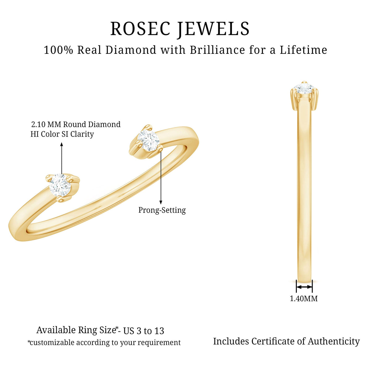 Dainty Diamond Two Stone Open Cuff Ring for Women