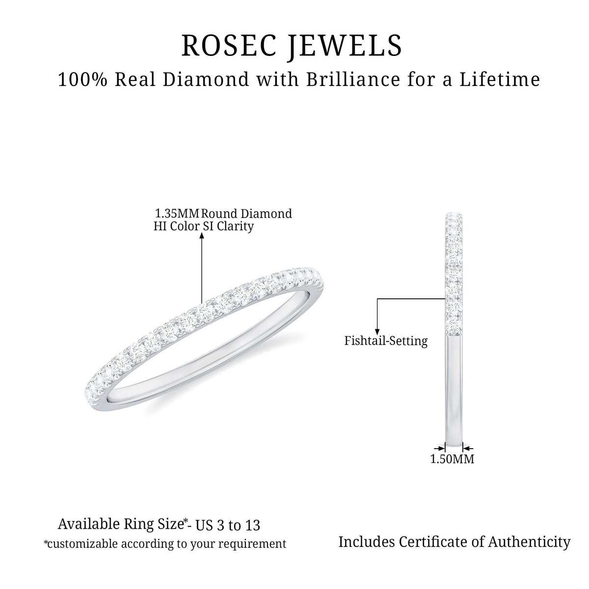 Stackable diamond eternity ring in fish tail setting by Rosec Jewels, featuring sparkling diamonds and a sleek design.