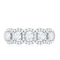 Round Cut Moissanite 5 Stone Anniversary Ring with Halo