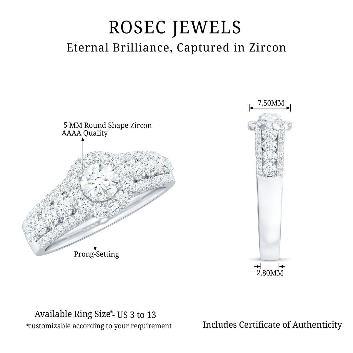 Rosec Jewels 0.5 carat zircon statement engagement ring with a sleek band and sparkling central stone.
