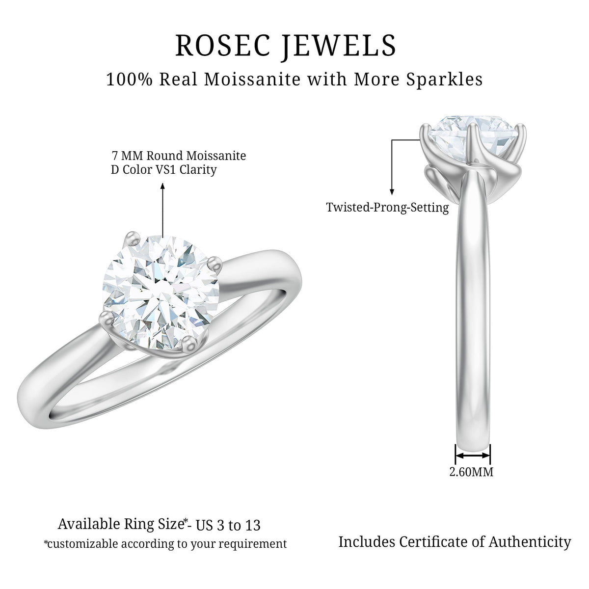 Twisted Prong Set Solitaire Moissanite Engagement Ring with Certificate