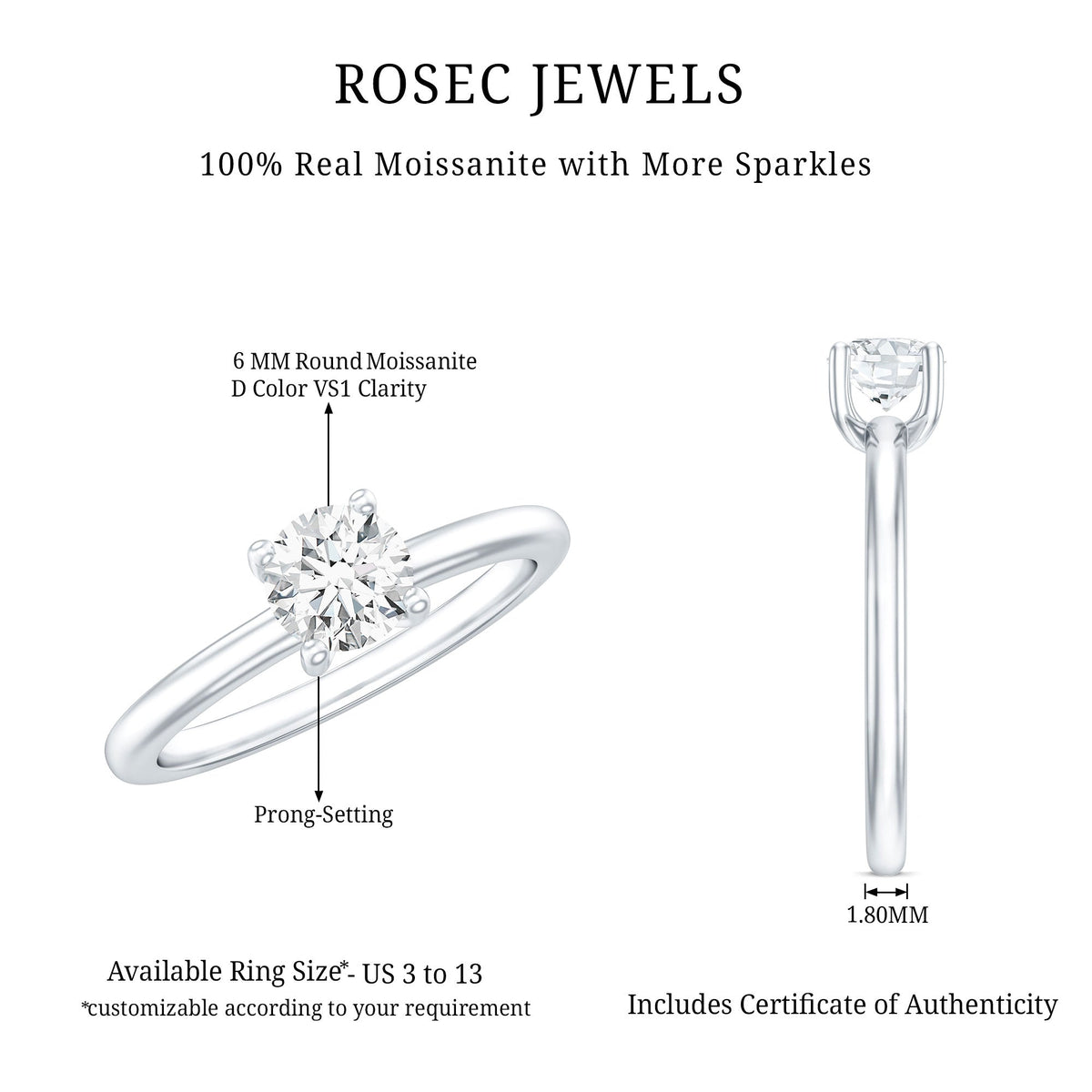 Certified 6 MM Moissanite Solitaire Promise Ring for Her