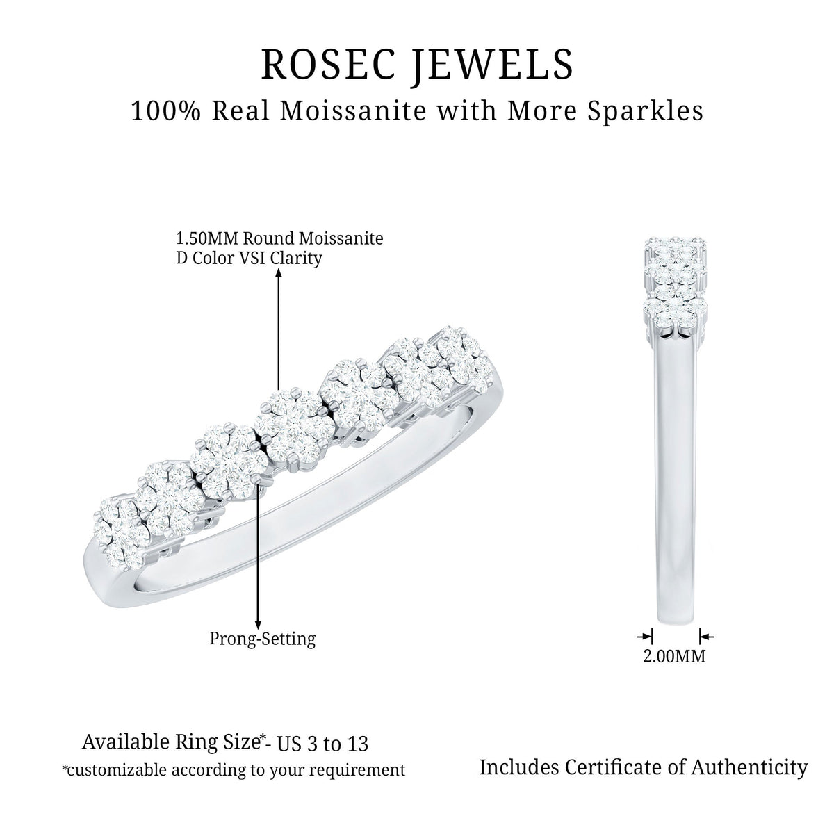 Minimalist Moissanite flower wedding band for women featuring delicate floral design, crafted by Rosec Jewels.