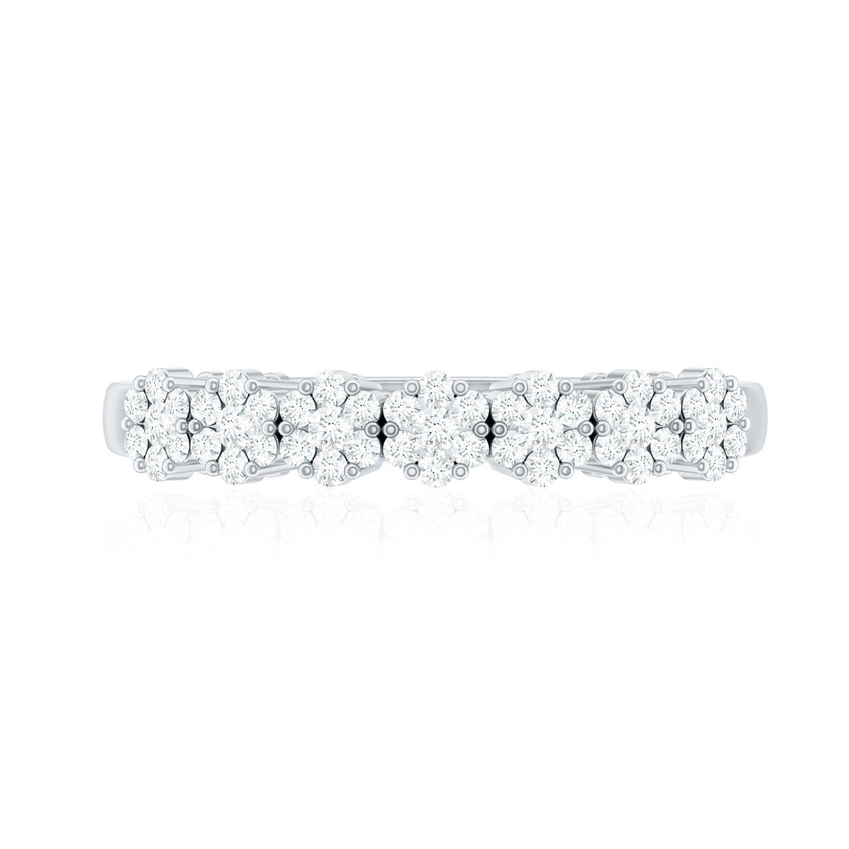 Minimalist moissanite flower wedding band for women by Rosec Jewels, showcasing a delicate floral design in sterling silver ring.