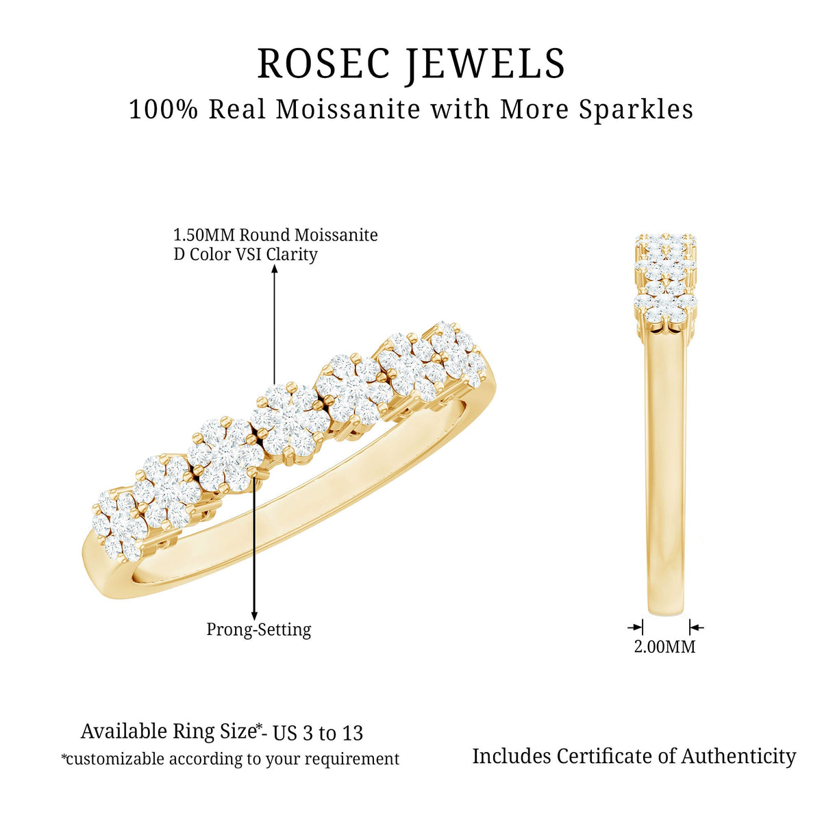 Minimalist moissanite flower wedding band for women by Rosec Jewels, showcasing a delicate design with sparkling stones.