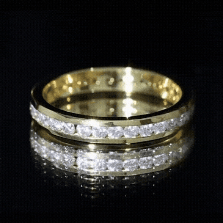 Yellow gold channel set round moissanite full eternity band ring with sparkling gemstones on a sleek ring band.