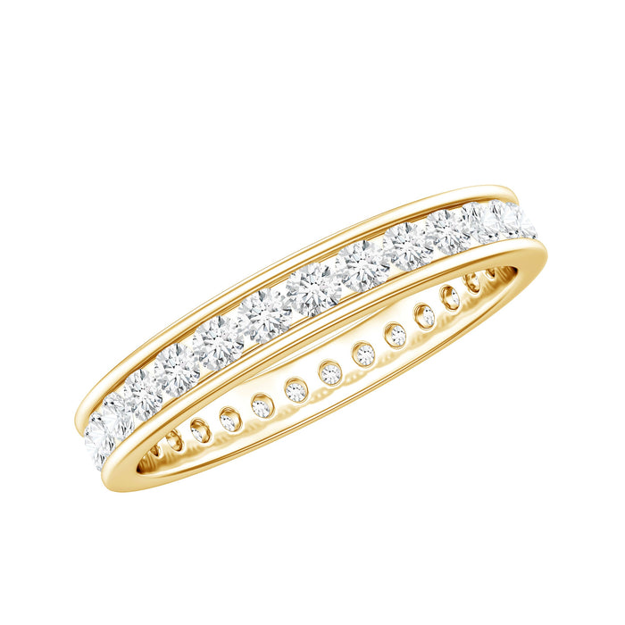 Rosec Jewels channel set round moissanite full eternity band ring with sparkling stones encircling the entire ring.