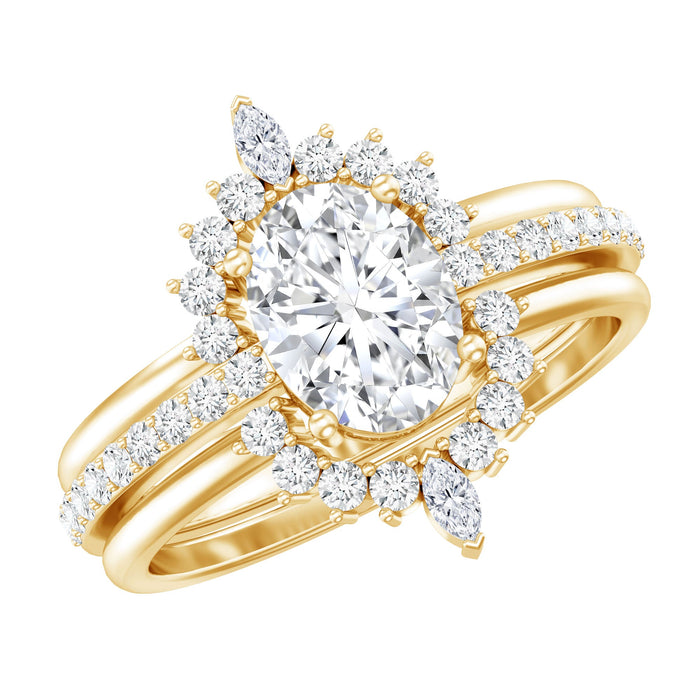 Certified moissanite oval engagement ring set with matching wedding bands, featuring elegant design and sparkling stones by Rosec Jewels.