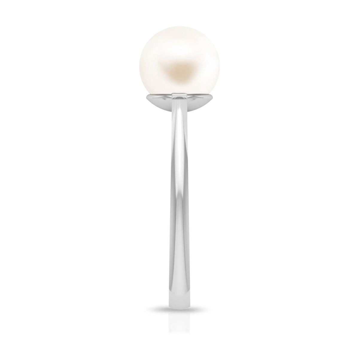 7.4 carat freshwater white pearl solitaire engagement ring by Rosec Jewels, featuring a large round pearl on a delicate band.