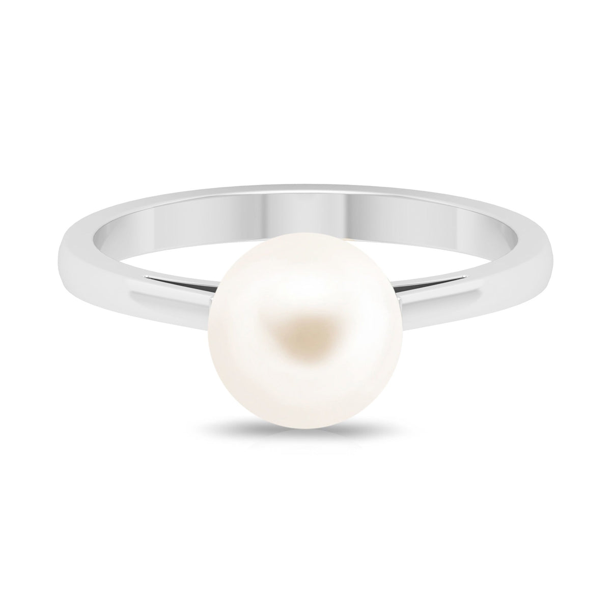 7.4 carat freshwater white pearl solitaire engagement ring with a silver band, showcasing a luminous pearl at the center.