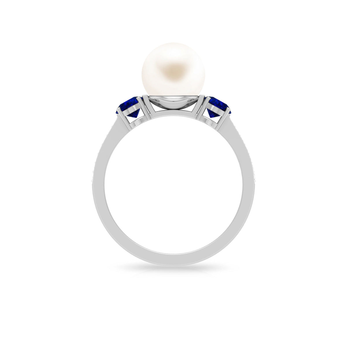 White pearl and sapphire three-stone engagement ring with diamond accents by Rosec Jewels, showcasing elegant jewelry craftsmanship.