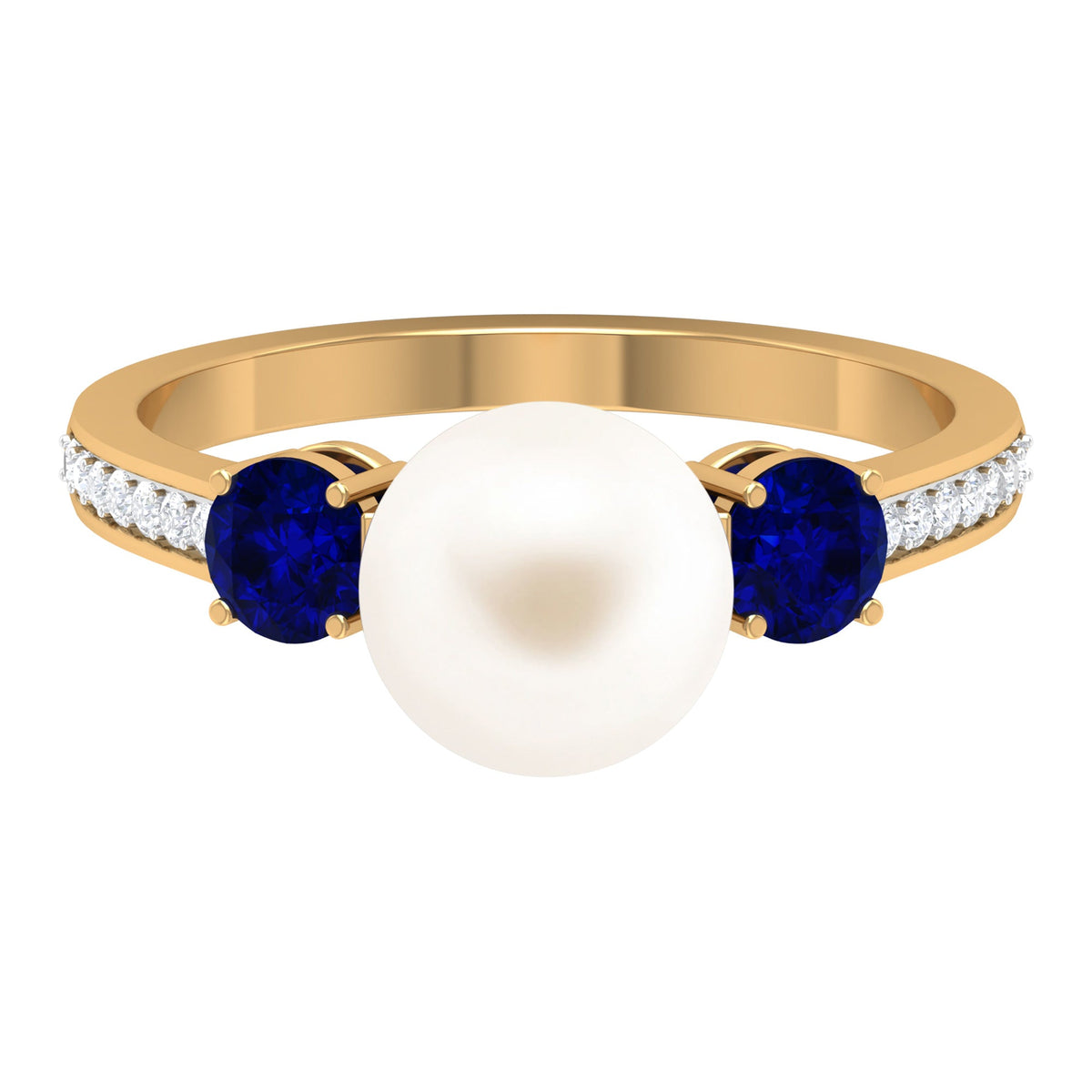 White pearl and sapphire three-stone engagement ring with diamond accents by Rosec Jewels, featuring elegant gemstone setting.