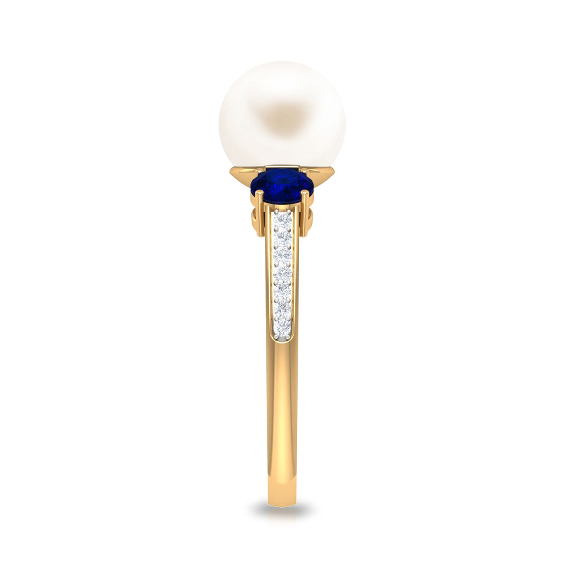 White pearl and sapphire 3-stone engagement ring with diamond accents from Rosec Jewels, showcasing elegant gemstone details.