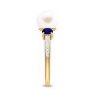 White pearl and sapphire 3-stone engagement ring with diamond accents from Rosec Jewels, showcasing elegant gemstone details.