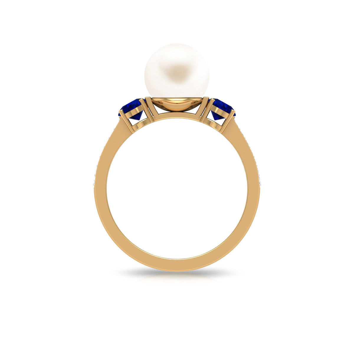 White pearl and sapphire 3-stone engagement ring with diamond accents from Rosec Jewels, showcasing the elegant ring design.