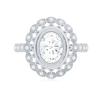 Oval Moissanite Retro Engagement Ring in Beaded Bezel Setting