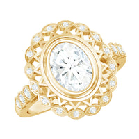 Oval Moissanite Retro Engagement Ring in Beaded Bezel Setting