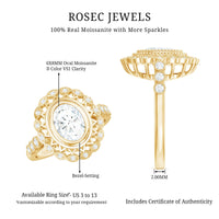 Oval Moissanite Retro Engagement Ring in Beaded Bezel Setting