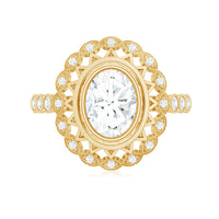 Oval Moissanite Retro Engagement Ring in Beaded Bezel Setting