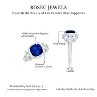 3.5 CT Cushion Cut Created Blue Sapphire Engagement Ring with Diamond Accent