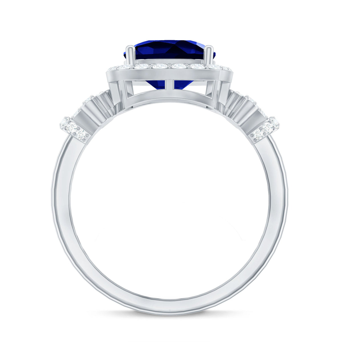 3.5 CT Cushion Cut Created Blue Sapphire Engagement Ring with Diamond Accent