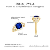 3.5 CT Cushion Cut Created Blue Sapphire Engagement Ring with Diamond Accent