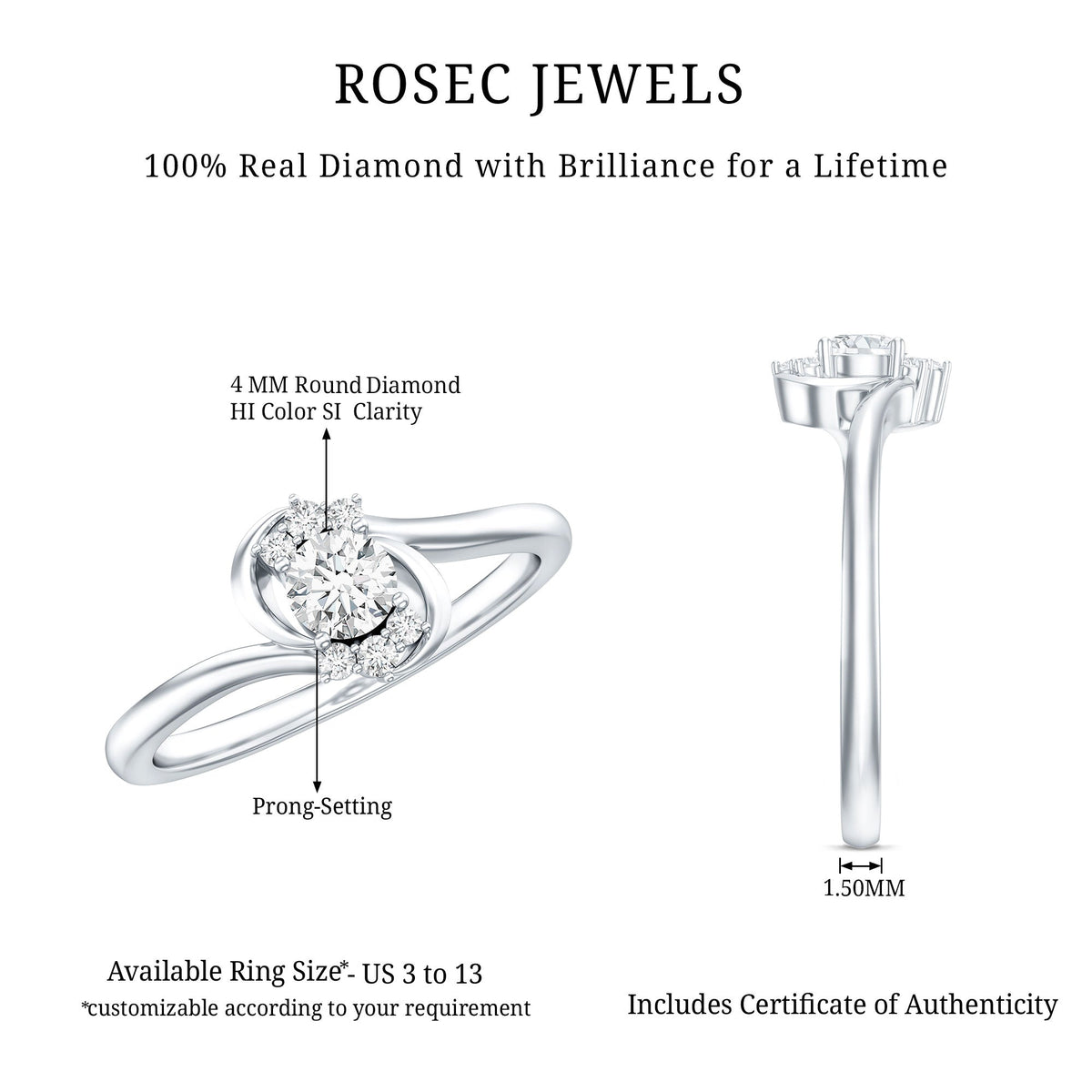 Certified real diamond promise ring with bypass shank from Rosec Jewels, featuring sparkling diamonds on a sleek band.