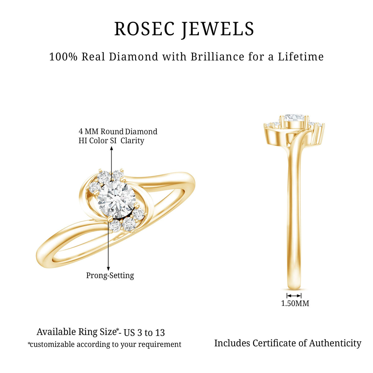 Certified real diamond promise ring with a bypass shank from Rosec Jewels, featuring a sparkling central diamond and sleek band design.