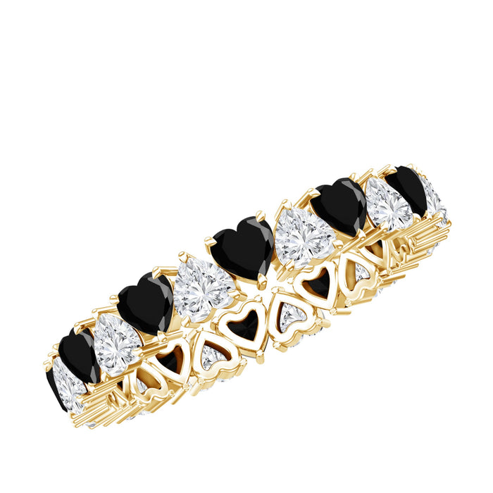 Heart-shaped lab-grown black diamond eternity ring with moissanite, featuring a Rosec Jewels design, displayed on a white background.
