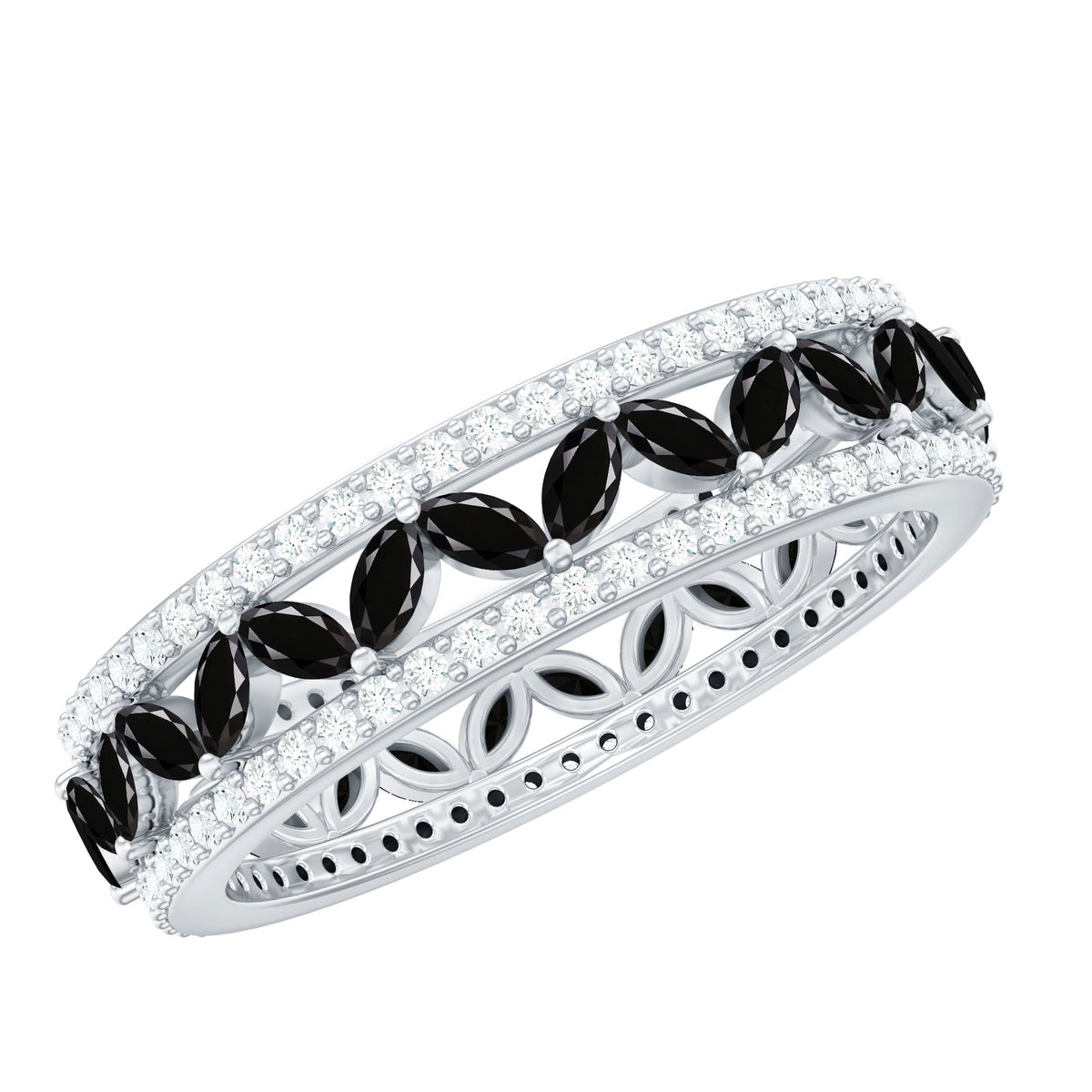 Lab grown black diamond wedding band ring with moissanite from Rosec Jewels, showcasing the sleek, polished design and sparkling stones.