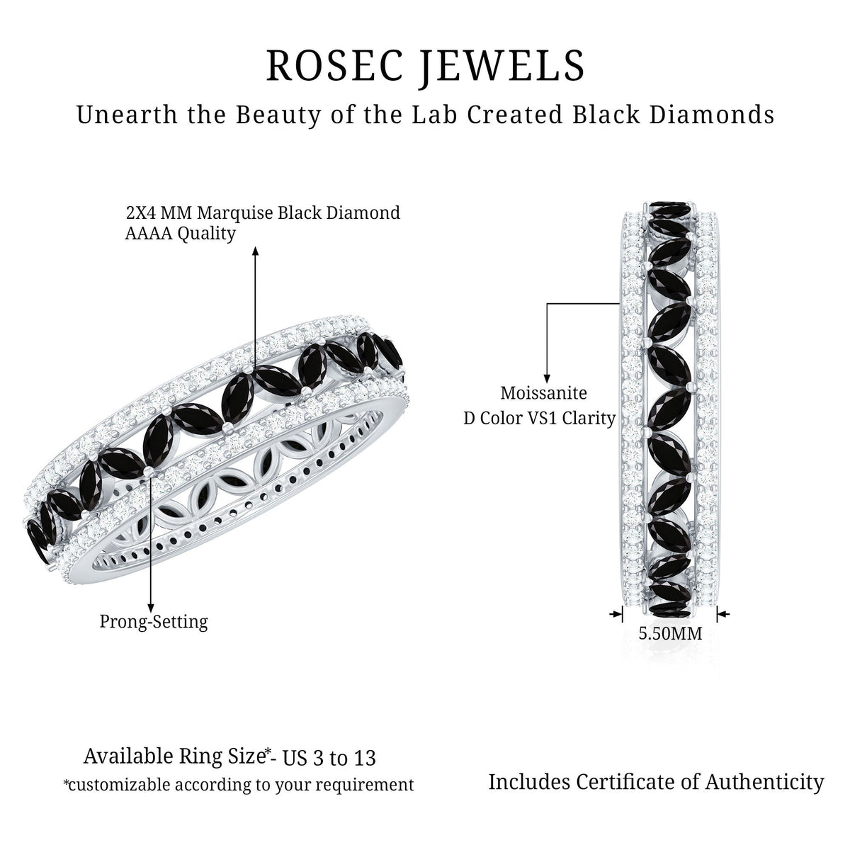 Black diamond wedding band ring with moissanite, lab-grown, from Rosec Jewels, featuring a sleek, polished design and sparkling gemstones.