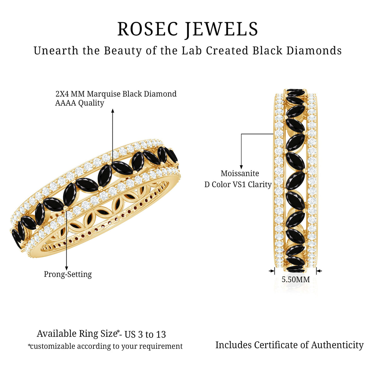 Lab-grown black diamond wedding band ring with moissanite, featuring a sleek design from Rosec Jewels.