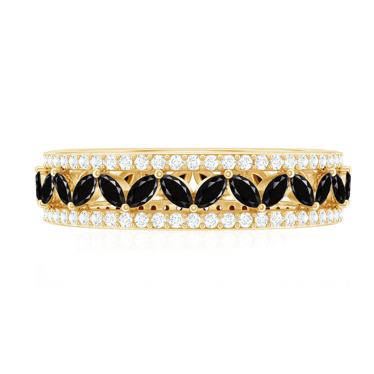 Lab-grown black diamond wedding band ring with moissanite from Rosec Jewels, showcasing the polished jewelry design and sparkling stones.